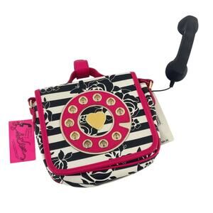 Betsey Johnson Retro Telephone Pink/Black Striped Floral Top Handle Bag Womens